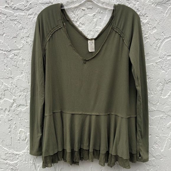 We The Free Tops - WE THE FREE PEOPLE Olive Green Peplum Long Sleeve Peasant Top Size Small